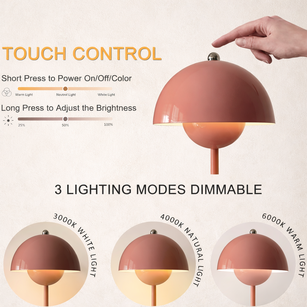 Modern Mushroom Touch Lamp – Dimmable LED Table Lamp, Rechargeable Bedside Light, Color Changing Ambient Lighting Decor